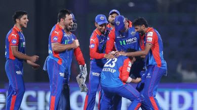 Delhi Capitals celebrate after clinching a crucial 20-run victory over Rajasthan Royals in IPL 2024